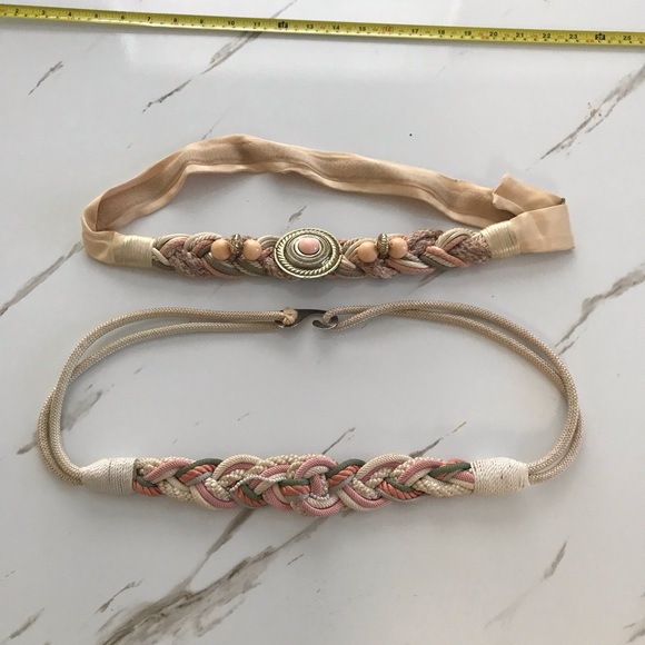 Carolyn Tanner Design Belt (1) + Woven Belt (1) unknown .  Ivory, peach colors - Picture 1 of 10